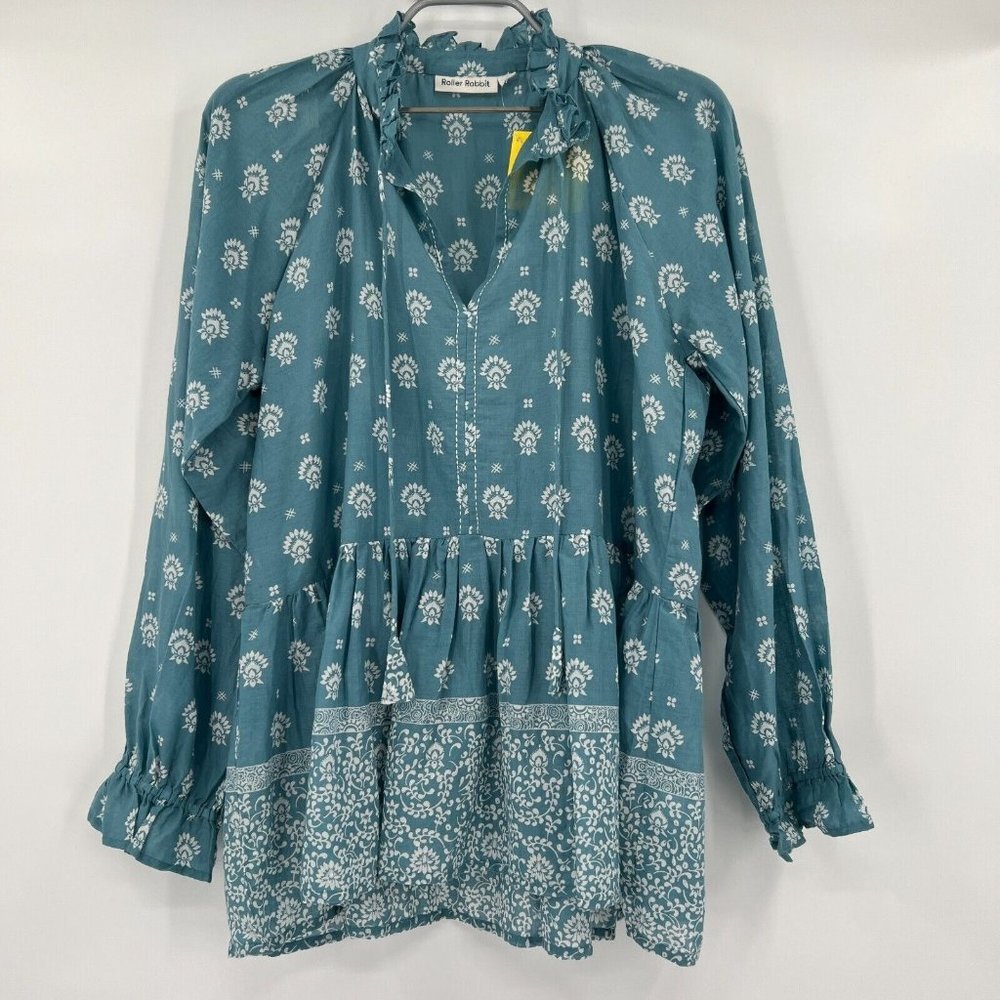 Roller Rabbit Women's Tashi Border Jannella Top sz S NWT Blue Boho Cotton Blouse